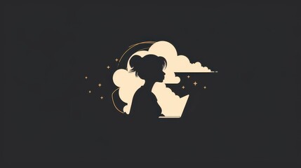 Dreamy silhouette of a child gazing at clouds with stars