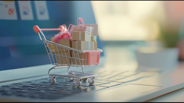 Miniature shopping cart full of gift boxes and packages standing on laptop keyboard represents online shopping, e commerce and delivery during sales season with blurred background