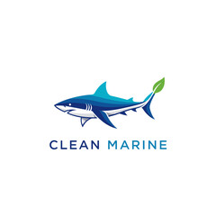 Obraz premium Blue shark with green leaf tail fin clean marine logo