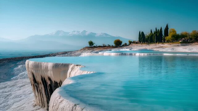 Geothermal hot springs resort, spa, bath pool, winter relaxation vacation theme. Pamukkale Travertine Terraces in Turkey, with its white, blue, and green terraces.