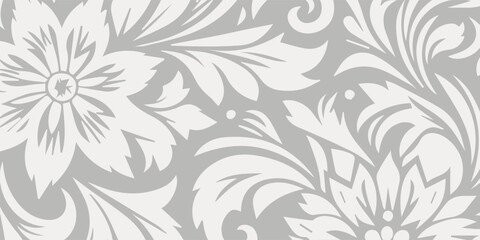 Fototapeta premium Elegant Floral Damask Pattern in White and Gray.