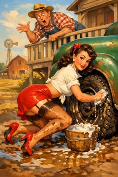 Playful retro pinup farm girl in a red skirt and stockings washes a muddy truck tire with soapy water while a shocked farmer watches in a bright rural homestead scene.