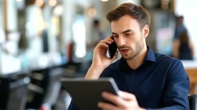 Faceless barber on phone call with tablet in salon heavily defocused background anonymous hairdresser manager person on computer online inventory appointment schedule planning