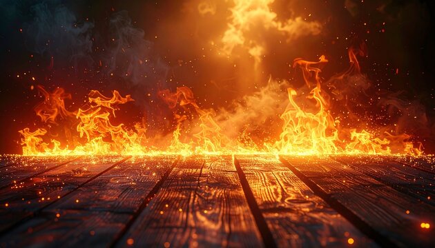 "Wooden floor with intense flames in dark background"