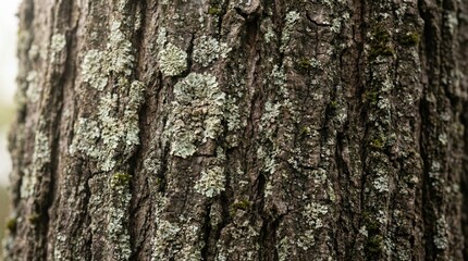 Close-up of moss and lichen on rugged tree bark texture in natural forest environment