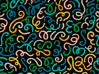 Obraz premium Abstract seamless pattern with crayon squiggle lines. Modern pattern with color doodle shapes, cute wavy, curvy and swirl lines with chalk texture. Abstract squiggle background, vector illustration