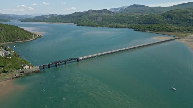Barmouth Viaduct Bridge North West Wales Estuary Mountains Aerial Landscape