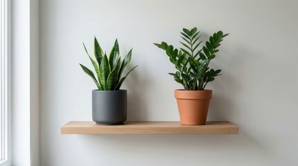 Obraz premium Minimalist interior with snake plant and zz plant on wooden shelf against neutral wall background