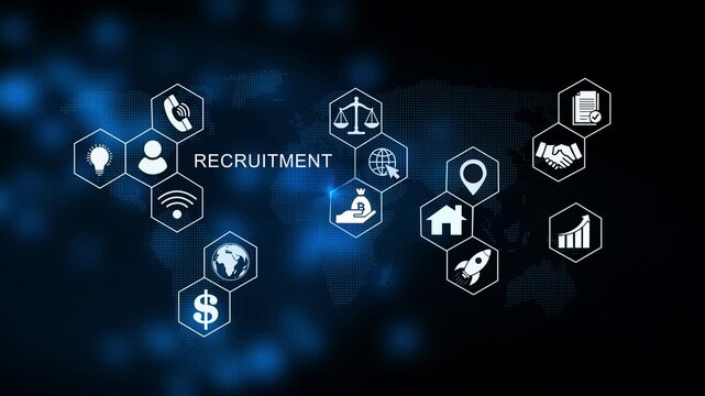Recruitment career employee interview business HR Human Resources concept. Modern Business Technology, Internet and social media icons 4K
