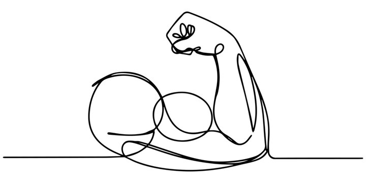Human arm bicep icon continuous one line drawing outline vector illustration, Strong arm continuous one line drawing showing muscle and power concept, Continuous one line drawing of a muscular arn