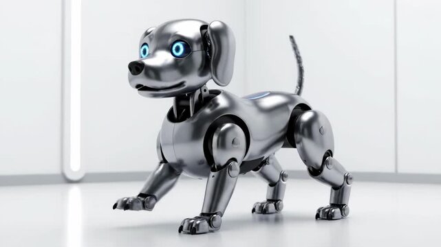 A sleek, metallic robot dog standing in a modern environment, symbolizing innovation and future technology.