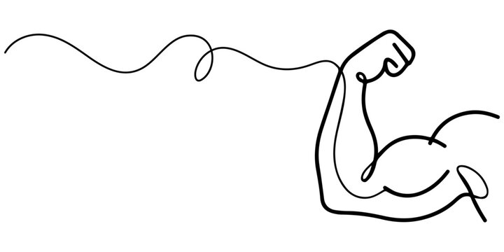 Human arm bicep icon continuous one line drawing outline vector illustration, Strong arm continuous one line drawing showing muscle and power concept, Continuous one line drawing of a muscular arn