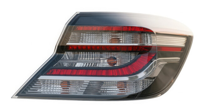 Aerodynamic rear car tail light cluster with horizontal red LED strips, isolated on white