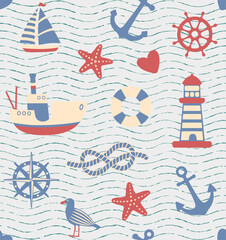 Seamless nautical pattern with sailboats, anchors and seagulls. Sea concept backdrop.