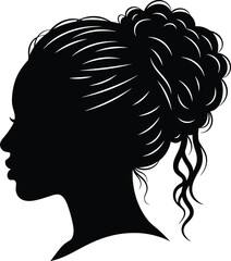 Female profile silhouette, curly hair bun, artistic black figure, minimalist portrait, side view head, elegant woman design, vector illustration © Mehenaj