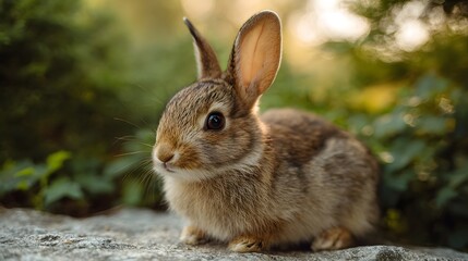 A small fluffy brown rabbit sits attentively on a stone with a soft blurred green natural background illuminated by warm light