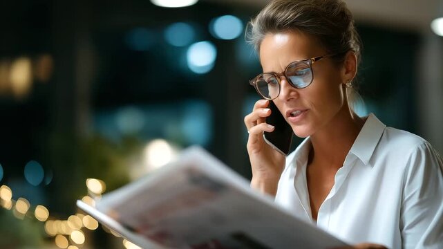 Faceless phone message woman with computer in office heavily defocused background anonymous glasses person magazine editor with evening creative project overtime online article