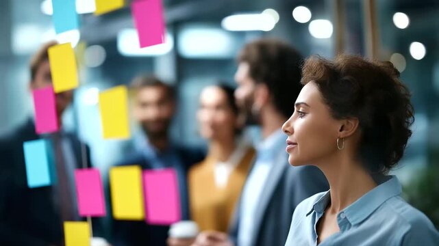 Faceless planning people in meeting with glass wall heavily defocused sticky notes background anonymous happy team marketing director in office with board collaboration