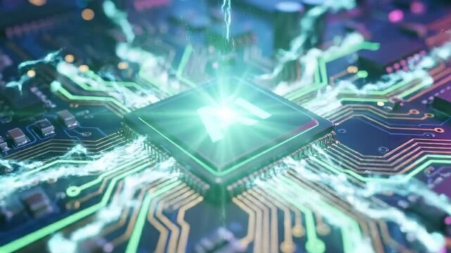 Digital artwork captures the essence of artificial intelligence, a central processor unit pulses with light, symbolizing the rapid evolution of technology and the power of computational processing.
