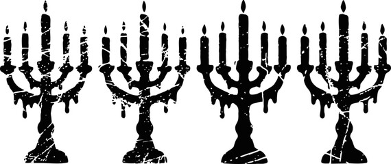 Grunge black menorahs with lit candles set, traditional jewish hanukkah symbols