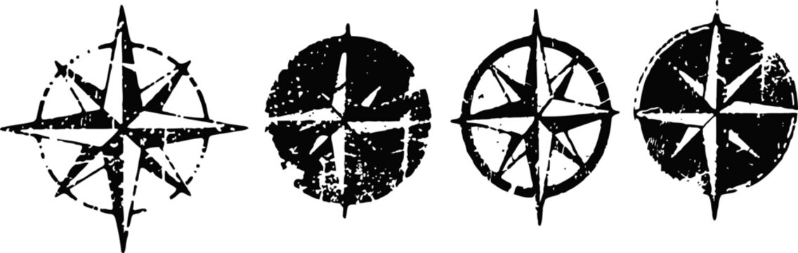 vintage compass rose set with distressed texture nautical navigation symbols, classic wind direction icons