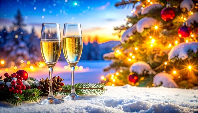 Two champagne flutes stand in the snow, beside a Christmas tree with vibrant lights. A winter wonderland backdrops the scene