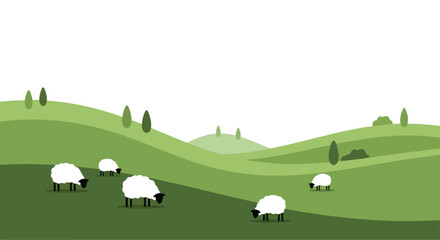 Fototapeta premium Illustration of a serene landscape with white sheep grazing on a green hillside with trees in the background against a white sky.