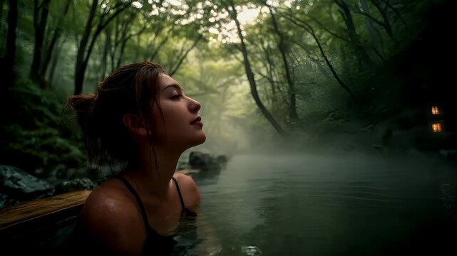 Geothermal hot springs resort, spa, bath pool, winter relaxation vacation theme. A woman in a black dress submerged in a misty forest, her eyes closed, seemingly lost in thought.