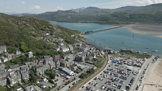 Barmouth North West Wales Town Estuary Mountains Bridge Aerial Landscape
