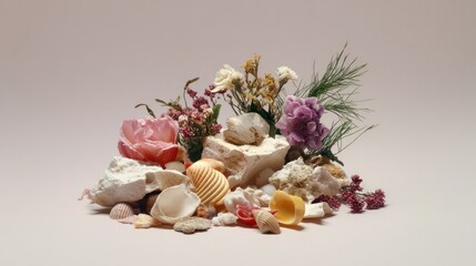 A Coastal Composition: An elegant arrangement of seashells, delicate flowers, and smooth stones comes together, reminiscent of a serene coastal landscape.