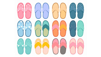 Fototapeta premium Colorful Cute Slippers Vector Set with Hearts and Polka Dots