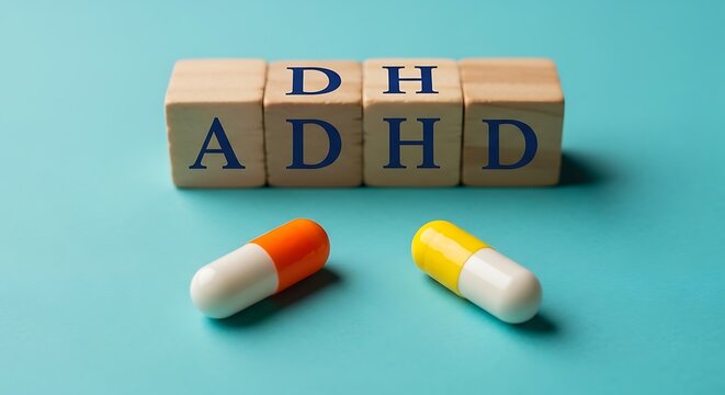 Attention deficit hyperactivity disorder concept with wooden blocks and medication capsules on a blue background representing adhd treatment options