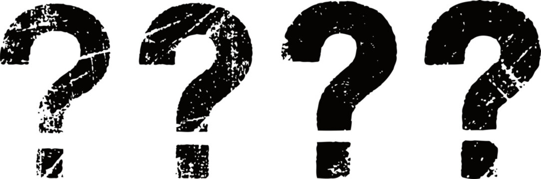 grunge black question marks set four distressed textured symbols in a row on white background