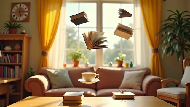 Floating books and teacups in sunlit room - Magical realism scene of books and teacups floating in a cozy sunlit living room; dust motes and drifting shadows. 16:9, FHD, 25fps, 8s, no audio.