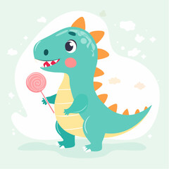 Obraz premium Cute cartoon baby dinosaur holding a lollipop, illustration for children
