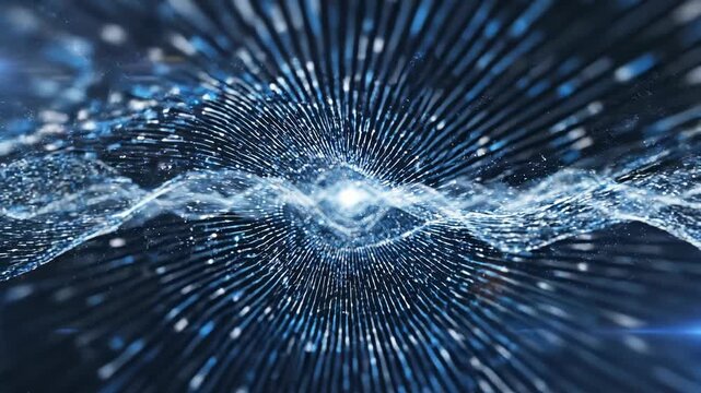 Dynamic abstract waves flow in cosmic space. Digital energy creates mesmerizing patterns and movement. Futuristic scene captivates with vibrant colors and depth.