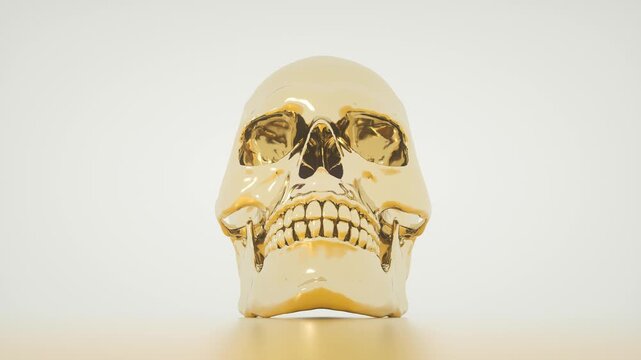 Glossy Golden Human Skull Isolated on Minimal Light Background