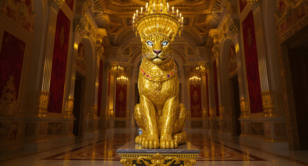 Fototapeta premium A grand wooden leopard statue inside a royal palace hall