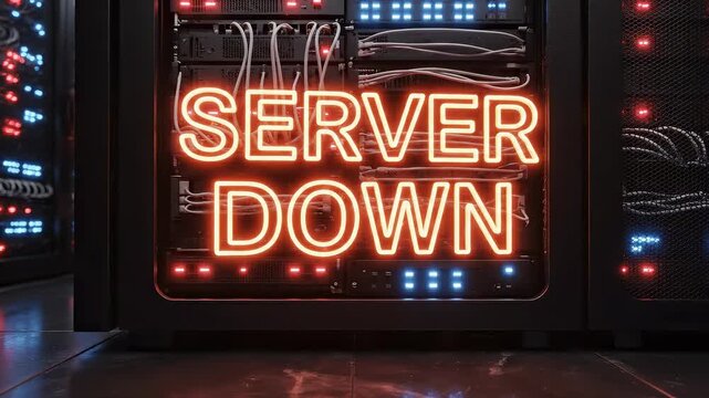 Server down alert in data center. Lights flicker as systems fail. Technicians respond swiftly to resolve issues. High-stakes atmosphere during critical downtime.