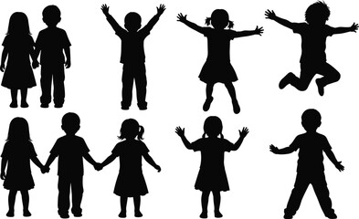 Happy children silhouette set vector illustration, kids playing jumping holding hands collection, black and white isolated childhood concept