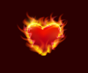 Realistic vector image of a heart engulfed in flames