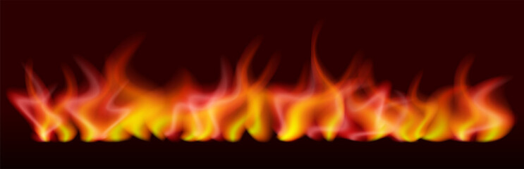 Realistic fire flames on dark background. Isolated transparent vector objects