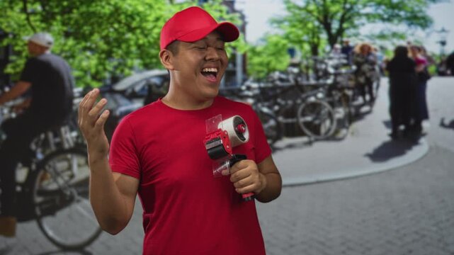 Man in red cap and red shirt holds packing tape dispenser and gestures with right hand on street near parked bicycles; cheerful delivery pride.
