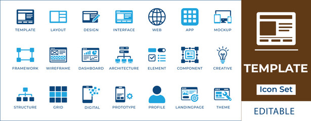 Website template and UI layout icon set featuring web interface design, wireframe, dashboard architecture, mobile mockup, landing page, and digital prototype development symbols. © icon_solution
