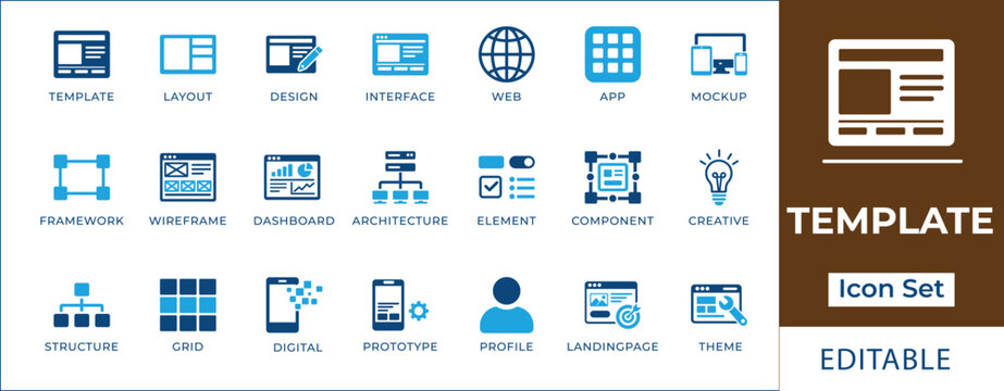 Website template and UI layout icon set featuring web interface design, wireframe, dashboard architecture, mobile mockup, landing page, and digital prototype development symbols.