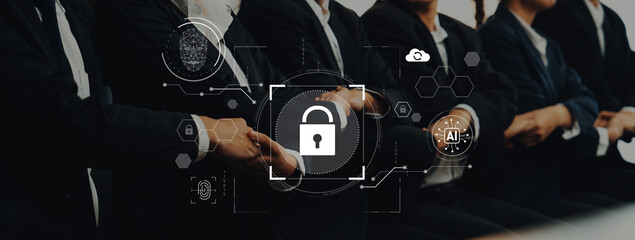 A business team engages in a meeting focused on cybersecurity solutions, featuring digital icons...