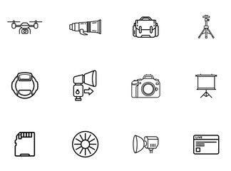 Obraz premium Equipment Tech Vector Outline Icons Set including Drone, Megaphone, Camera, Tripod, Projector, Spotlight, Backpack, Video Camera and Gadgets in Line Art Style for Photography Media Graphic Design Vect