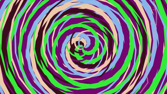 Vibrant swirling spiral pattern with a skull in the center on a multicolored background