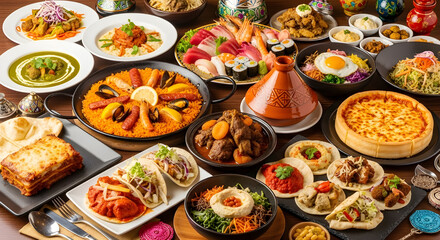 Assorted dishes representing multicultural cuisine arranged on table highlighting global gastronomy diversity and vibrant flavors. Concept food.