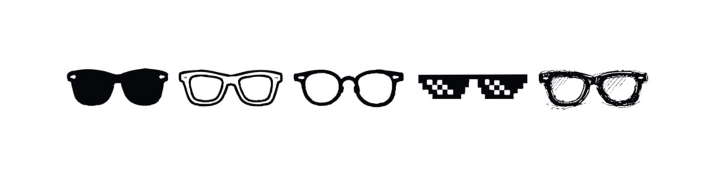 Hand-drawn grunge glasses and sunglasses icon set. Doodle style eyewear collection with various retro and modern designs.